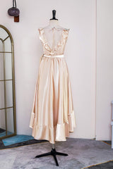 Champagne Ruffled Faux-Wrapped A-line Hi-Low Bridesmaid Dress with Sash