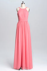 Coral Double Straps Pleated A-line Bridesmaid Dress