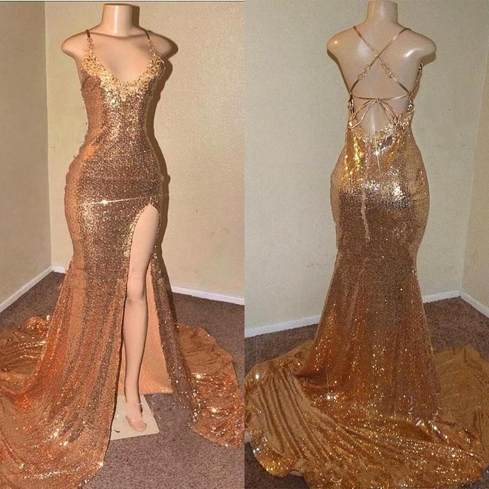 2024 Gold Halter Lace Up Back Sequence Side Slit Long bridesmaid Dresses