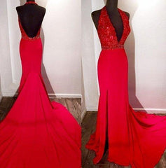 2024 Gorgeous Red Halter Side-Slit Mermaid/Trumpet Satin bridesmaid Dresses