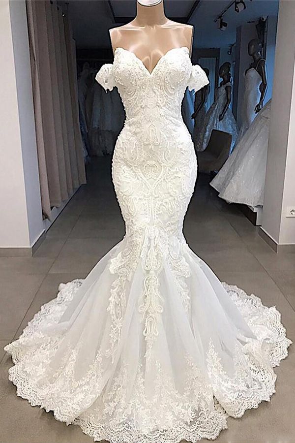 Amazing Sweetheart Mermaid White Wedding Dress Outfits For Women Off the shoulder Lace Bridal Gowns Online