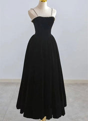 Black Tea Legnth Straps A-line Wedding Party Dress Outfits For Girls, Black Bridesmaid Dress