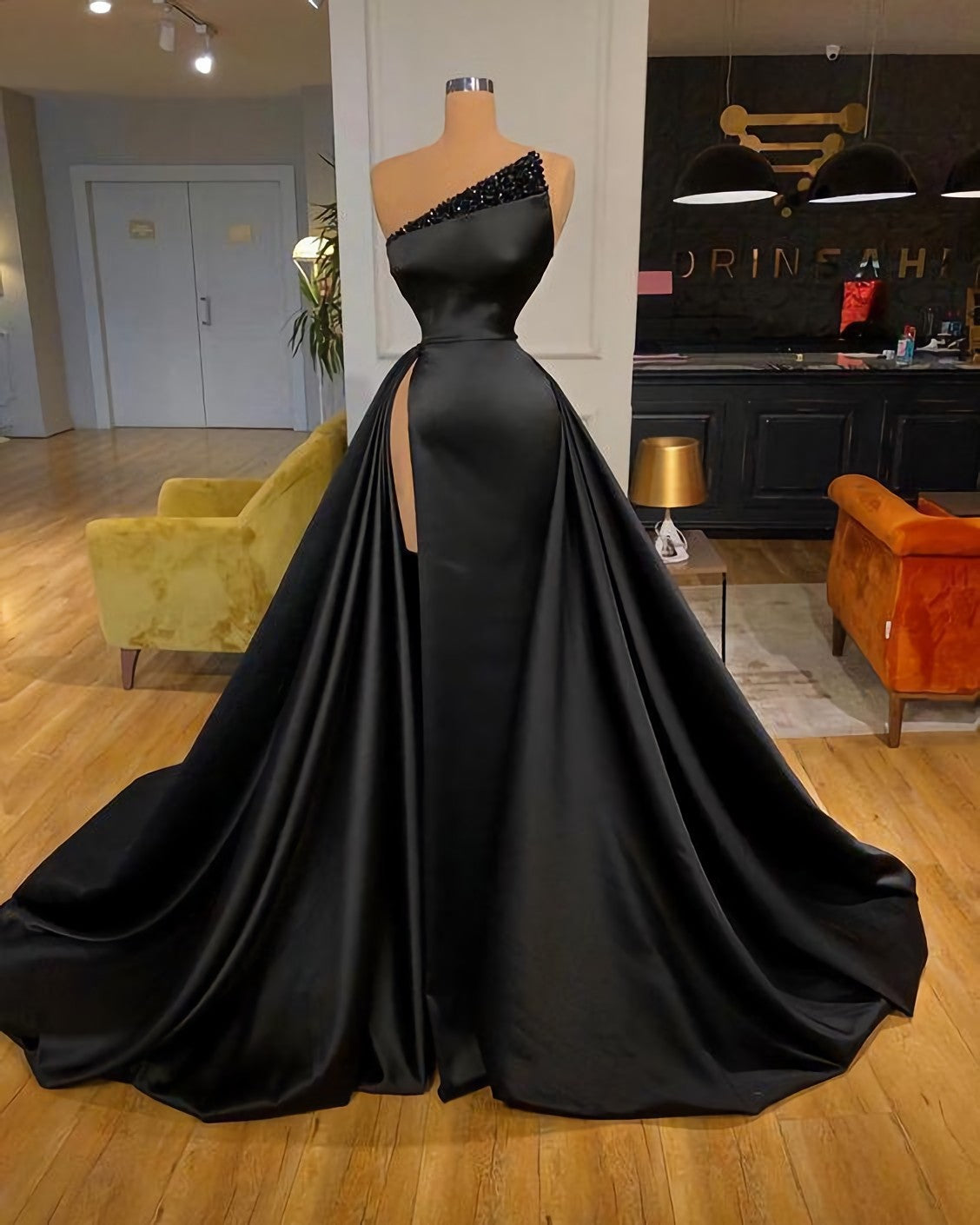 Black Satin Long bridesmaid Dresses, Long Formal Dresses