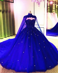 Royal Blue Tulle Ball Gown bridesmaid Dress, With Cape