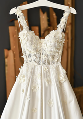 White Satin Applique Long bridesmaid Dress, Evening Dress