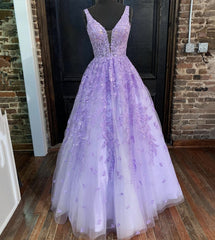Purple Lace Long A Line bridesmaid Dress, Evening Dress