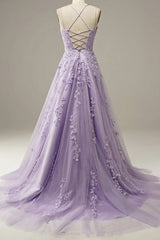 Purple Lace Long A Line bridesmaid Dress, Evening Dress