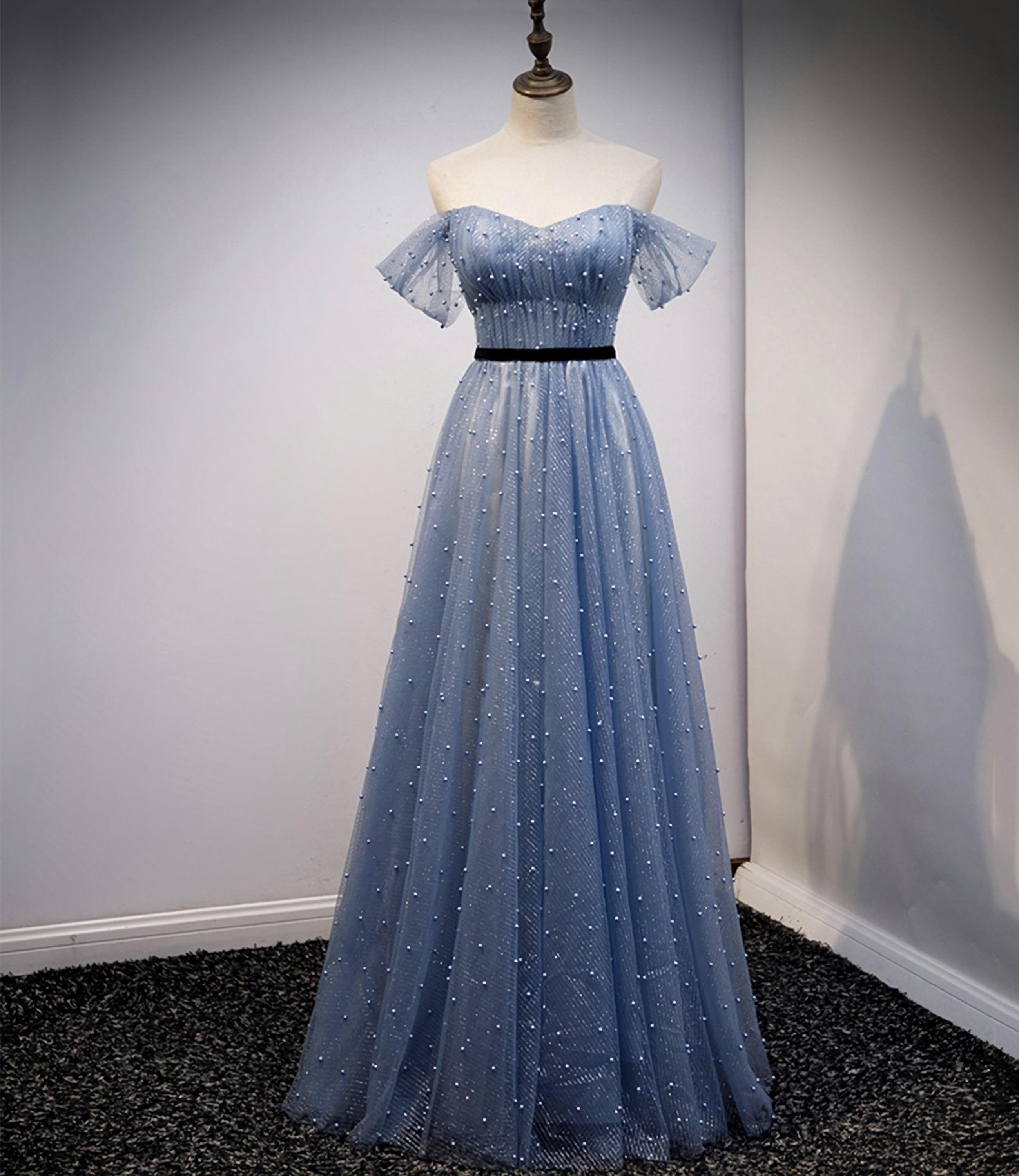 Blue Tulle Long A Line bridesmaid Dress, Evening Dress