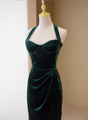 Dark Green Velvet Long Evening Dress Outfits For Women Party Dress Outfits For Girls, A-line Green Bridesmaid Dress