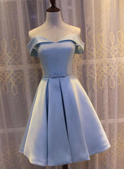 Light Blue Off Shoulder Satin Bridesmaid Dress Outfits For Girls, Blue Short Formal Dress