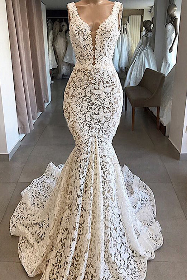 Luxurious Plunging V neck Mermaid Lace Wedding Dresses For Black girls Romantic Bridal Gowns for Garden Wedding