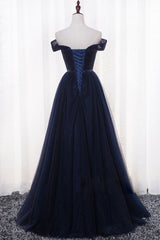 Navy Blue Tulle Long Party Dress Outfits For Girls, Simple Off Shoulder Blue Bridesmaid Dress
