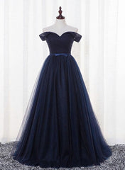 Navy Blue Tulle Long Party Dress Outfits For Girls, Simple Off Shoulder Blue Bridesmaid Dress
