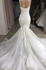 Spaghetti Strap Real Model White Mermaid Wedding Dresses For Black girls with AmazingLace Appliques