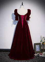 Wine Red Short Sleeves A-line Long Party Dress Outfits For Girls, Wine Red Bridesmaid Dress
