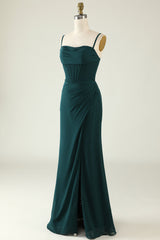 bridesmaid Dress Size 14, Dark Green Spaghetti Straps Wedding Guest Dress with Slit
